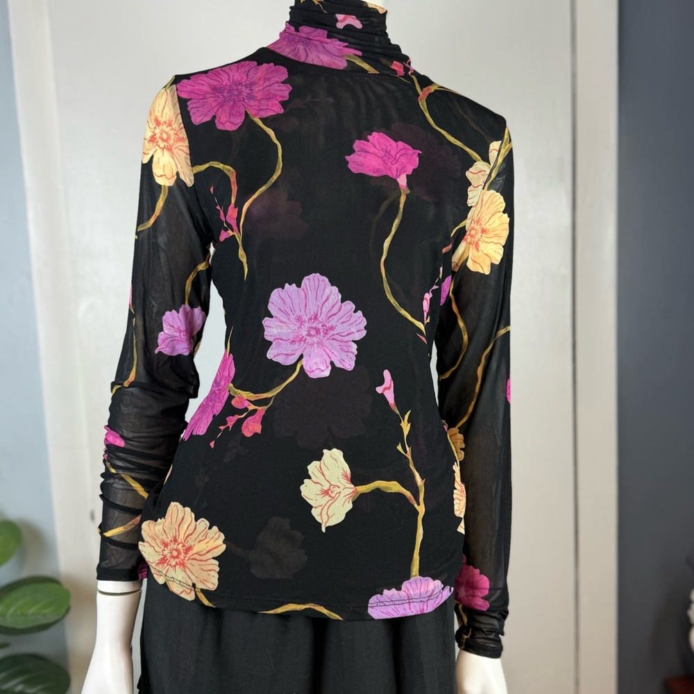 INC International Concepts Black Top with Pink Floral Accents Size S